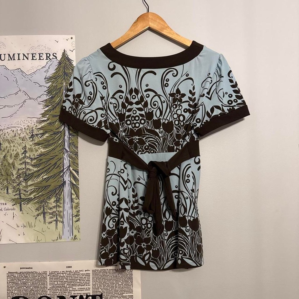 Y2K Apt 9 Brown & Blue Floral Damask Empire Waist Top - Picture 2 of 5
